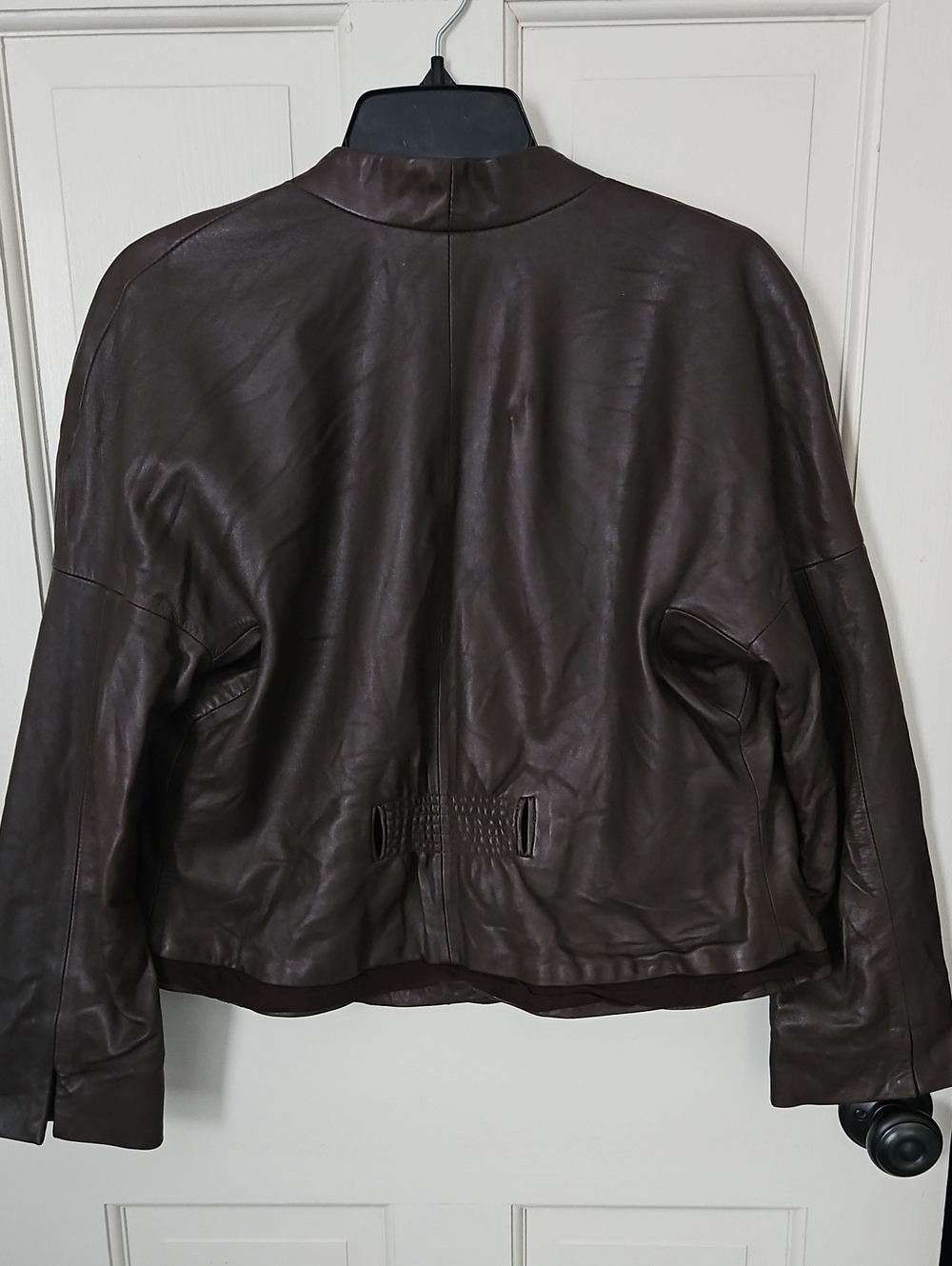 BCBG Max Azria Brown Leather Open-Front Jacket With Silk Trim - Picture 3 of 13